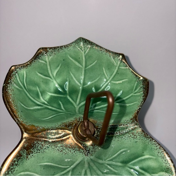 Vintage California Pottery Green Leaf Double Sided Serving Bowl MCM Handle Gold - Picture 10 of 10